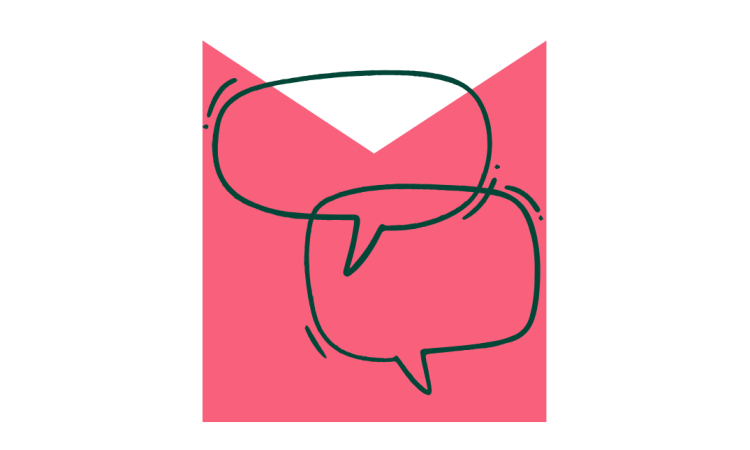 A sketch of two speech bubbles, on a pink M shaped graphic