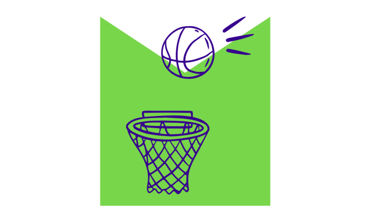 A drawing of a basketball and hoop, on a green M shaped graphic