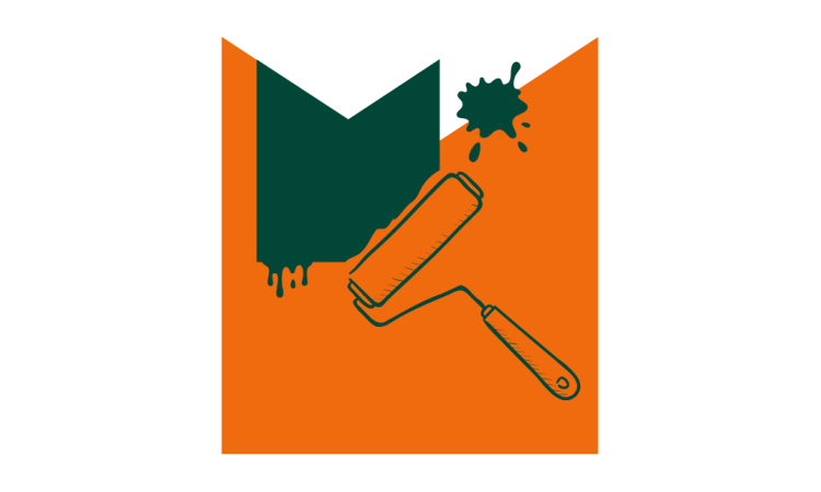A sketch of a paint roller, on an orange M shaped graphic